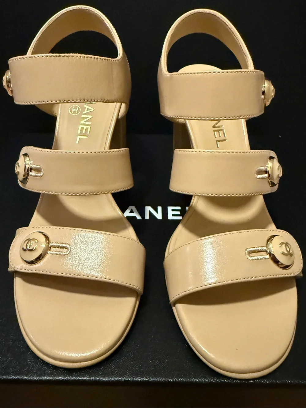 CHANEL Beige Triple-Strap Block Heel Sandals with Gold CC Buttons